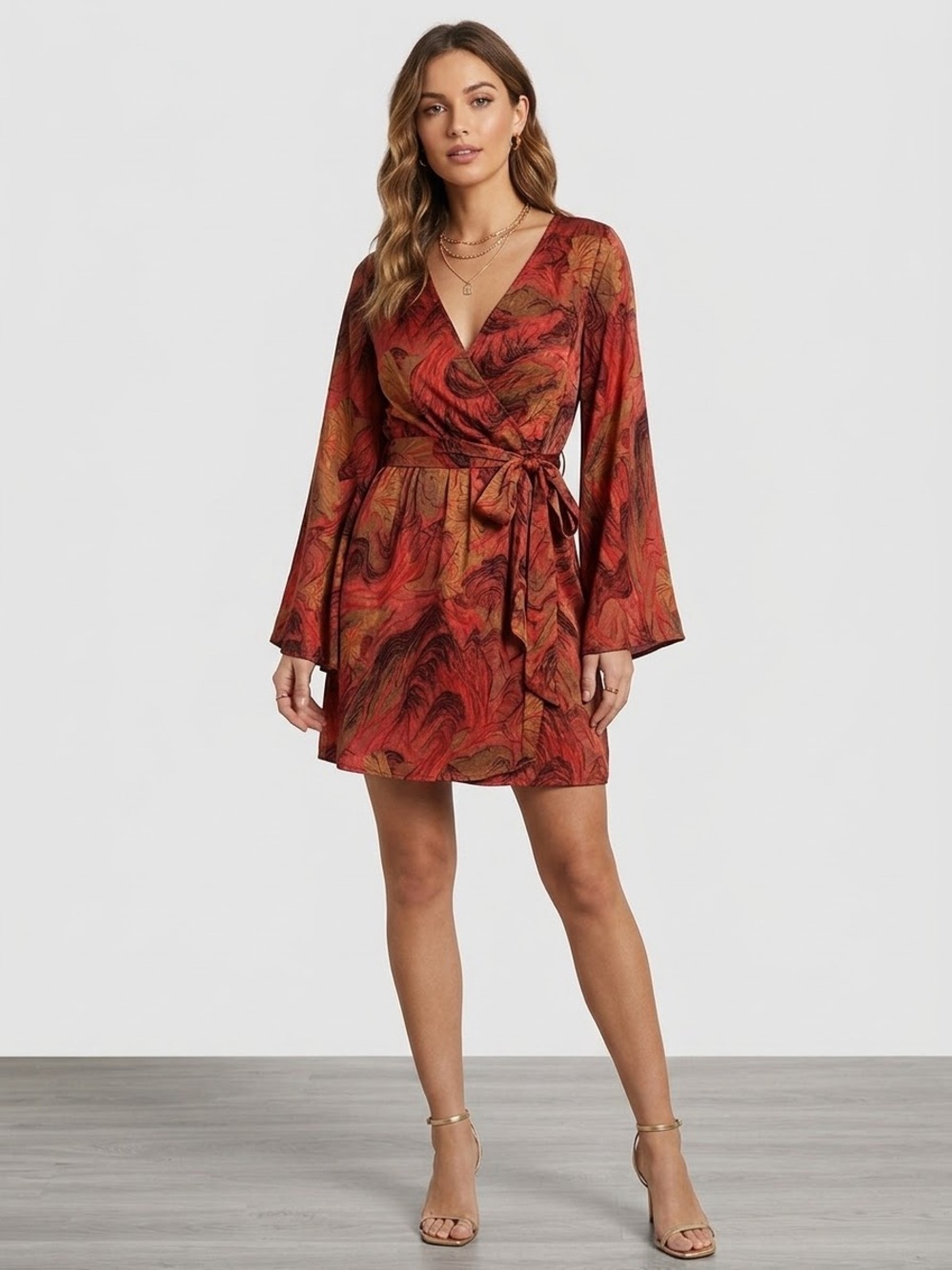 Vici Red & Rust Marble Wrap Mini Dress with Tie Waist